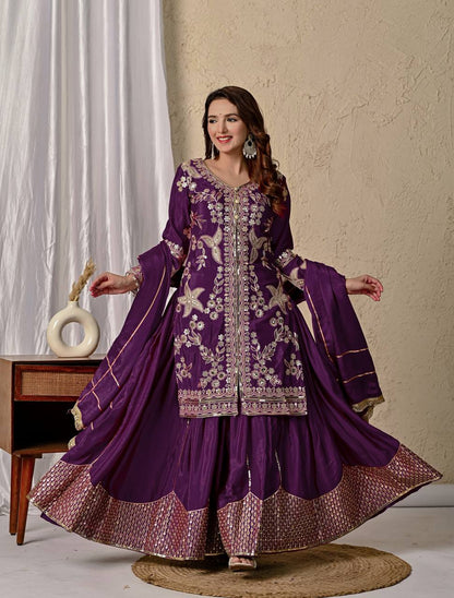 Ziya Purple Chinnon Silk Party Wear Sharara
