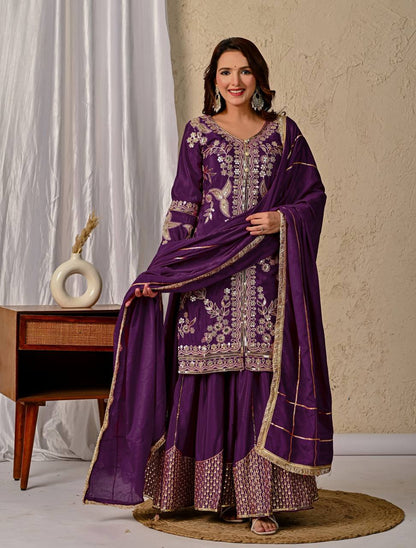Ziya Purple Chinnon Silk Party Wear Sharara
