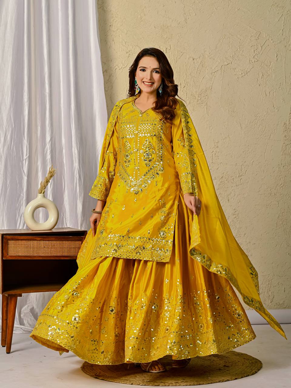 Haldi Yellow Designer Chinnon Silk Embroidery Sharara