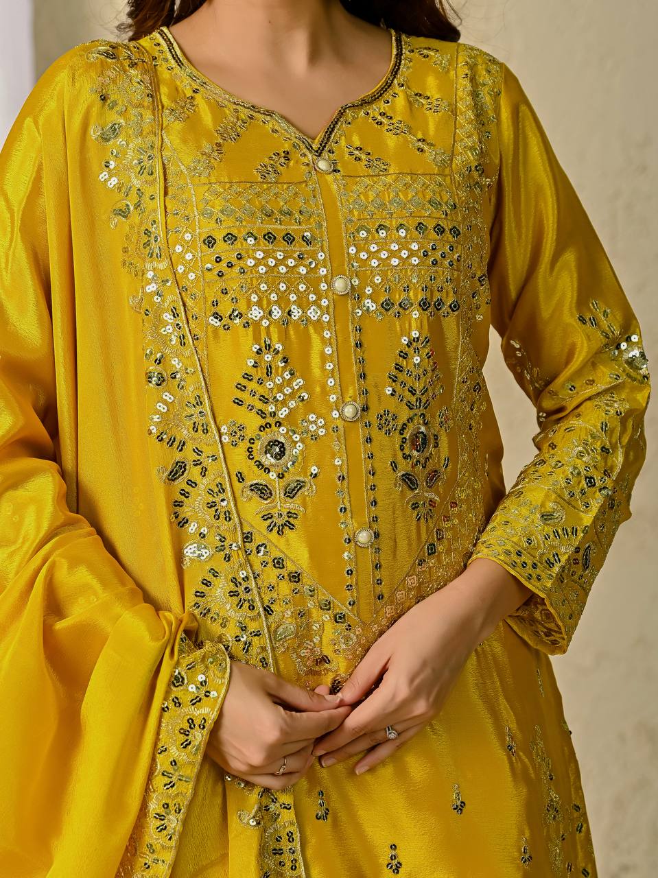 Haldi Yellow Designer Chinnon Silk Embroidery Sharara