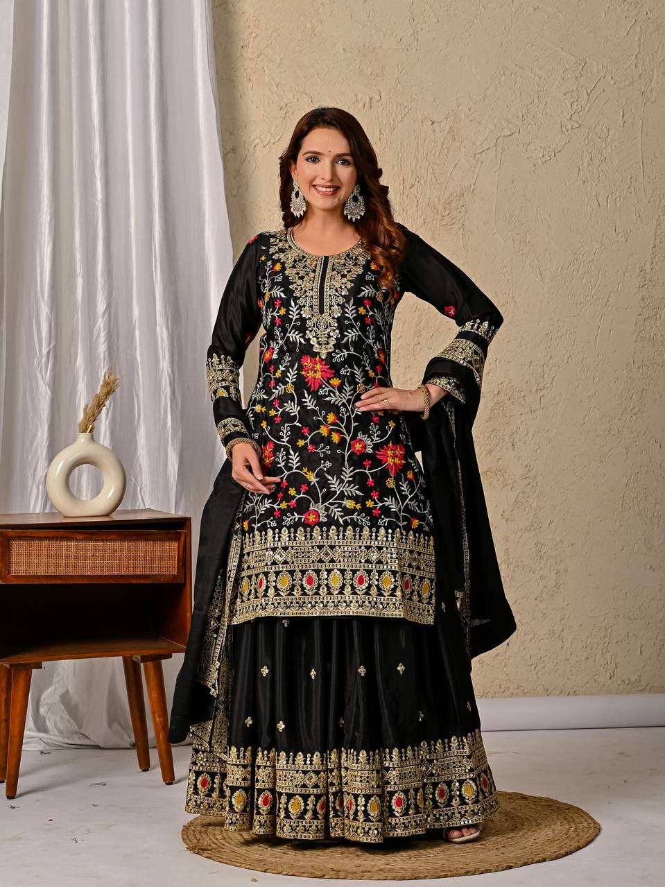 Black Heavy Chinnon Silk Party Wear Sharara