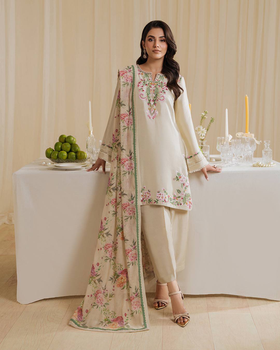Pastel Poise Cream Embroidered Kurta Set
