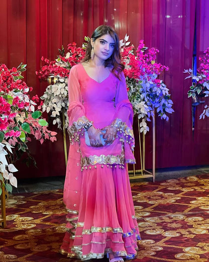 Roshani Pink Georgette Sharara Set with Gold Embellishments
