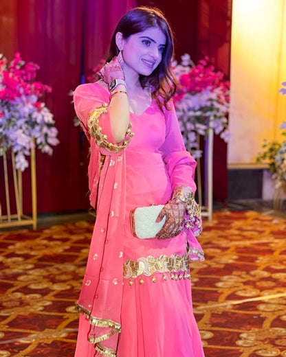 Roshani Pink Georgette Sharara Set with Gold Embellishments